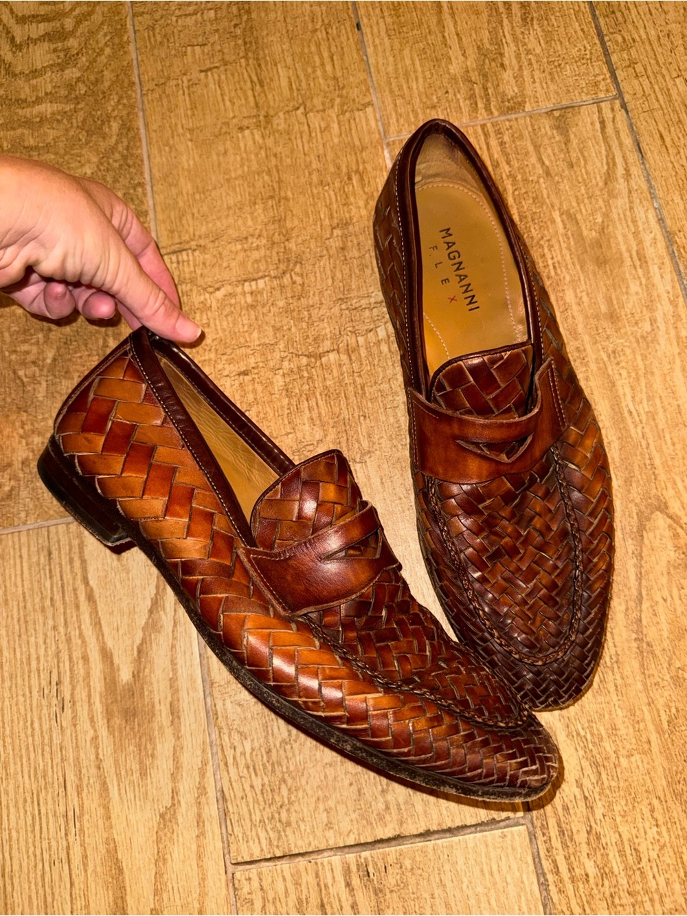 Magnanni Woven Leather Penny Loafers in Cognac Brown